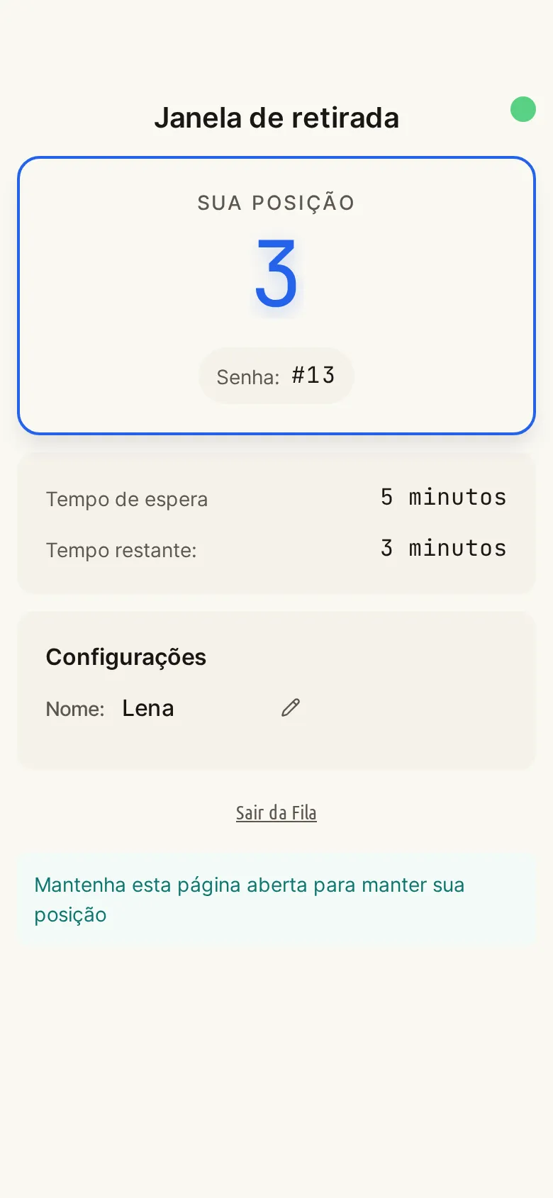 Smartphone de um cliente com a posição e o tempo de espera estimado