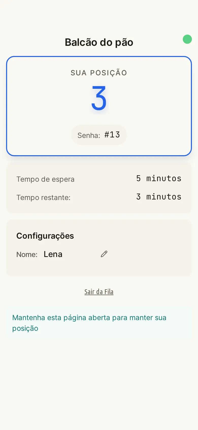 Smartphone de um cliente com a posição e o tempo de espera estimado